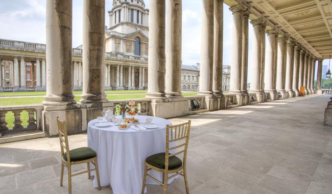 Outdoors afternoon teas in the colonnades at the Old Royal Naval College in Greenwich.