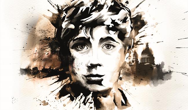 An image of a young boy's face painted in brown and black ink and paint,  with visible splotches and brush strokes. He is looking straight ahead with