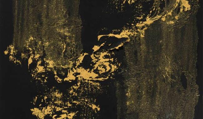 Painting by Maggi Hambling from Exhibition Nightingale Night. Gold and Black oil paint on canvas.
