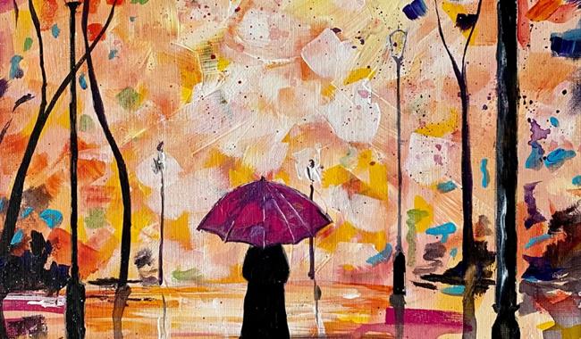 Painting of a colourful city walk