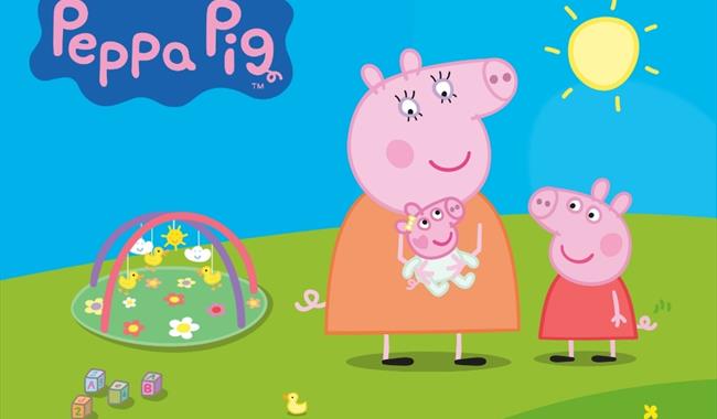 pepa pig, mummy pig and evie with blue background