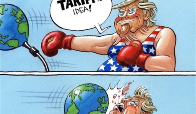 A bright and colourful cartoon of a man wearing an American flag tank top and red boxing gloves. In the first scene at the top he is smiling and punch