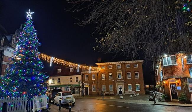 Petersfield town centre looking festive with Christmas tree and lights.
