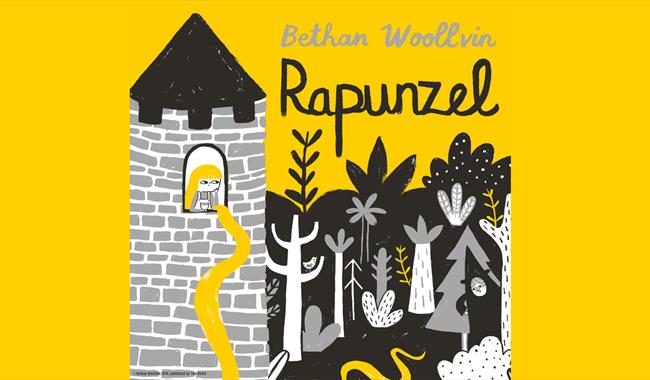 Text: Bethan Woollvin Rapunzel Image: Illustration of Rapunzel at the top of her tower