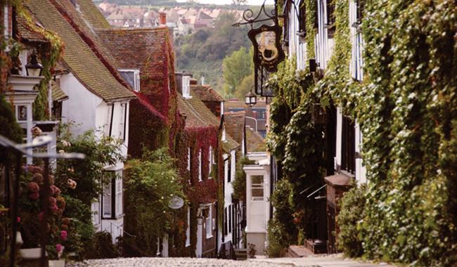 Mermaid Street in Rye town showing cobbles, pubs and timber-framed houses