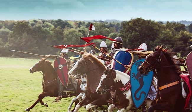 Coming from the right of the screen, knights in armour charging on horseback, green field in background and to left.