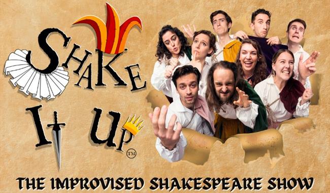 A group of people in Shakespearean clothing are busting out of a piece of parchment, next to them are the words "ShakeItUp: The Improvised Shakespeare