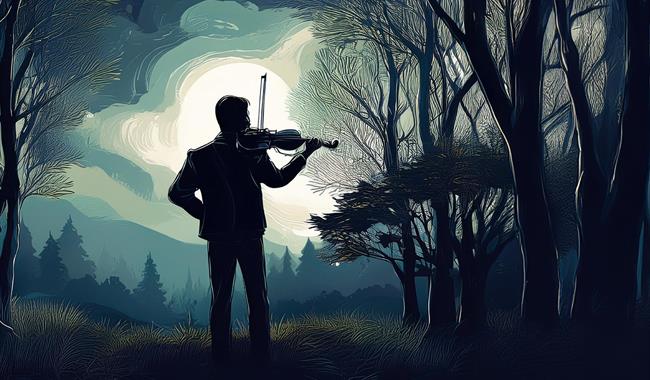 A man playing violin in a darkened woodland