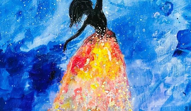 Painting of a dancing lady with splatters