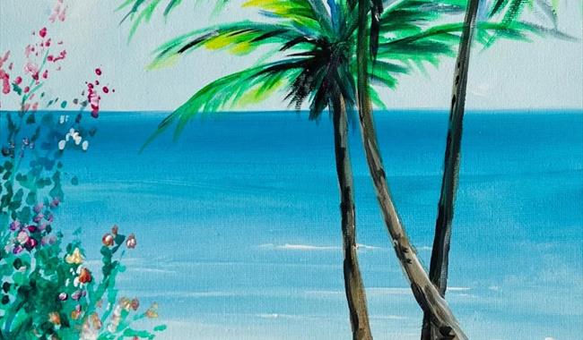 Painting of a summery beach with flowers in the foreground