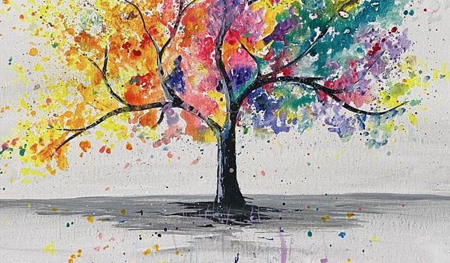 Painting of a splatter rainbow tree