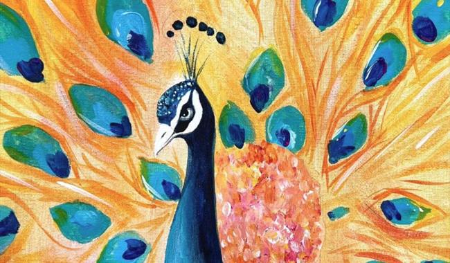 Painting of a bold yellow and blue peacock