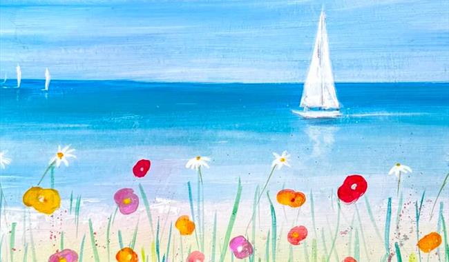 Painting of a summery beach with flowers in the foreground
