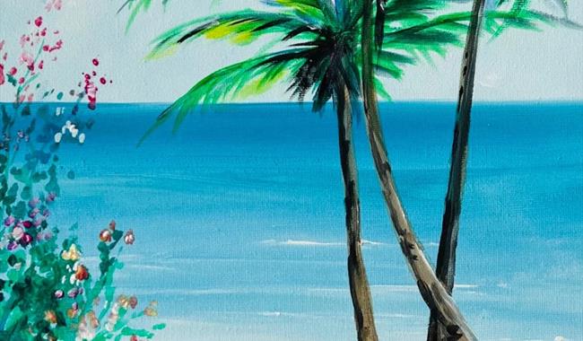 Painting of a summery beach with flowers in the foreground