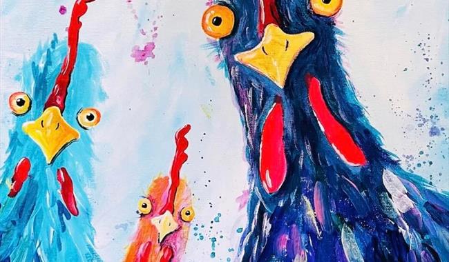 Painting of funky colourful chickens staring into the viewer with expressive eyes and paint platters