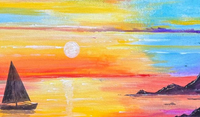 Painting of a boat on sunset ocean in rainbos colours