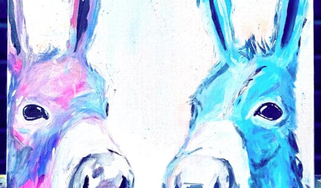 Painting of two donkeys just in the canvas frame in a watercolour style mostly in purples and blues