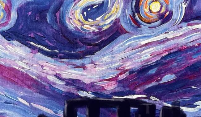 Painting of a purple impressionist starry twilight with stonehenge