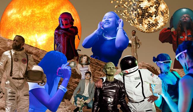 A vibrant and surreal collage featuring a mix of space-themed and party imagery. The background includes a glowing Sun and a barren, rocky landscape r