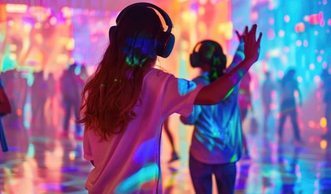 Two people wearing headphones dance in a colourful silent disco
