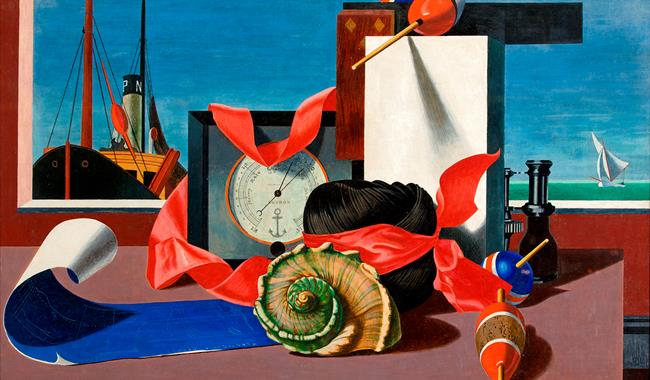 A still life of a harbour yard and nautical items including a big spiral shell, blue paper, red ribbon and barometer.