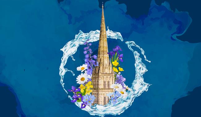 Salisbury Cathedral Spire surrounded by flowers