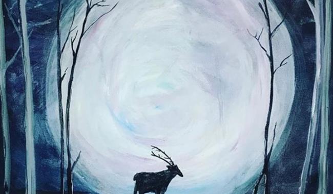 Painting of a giant moon in a forest with a silhouette of a stag