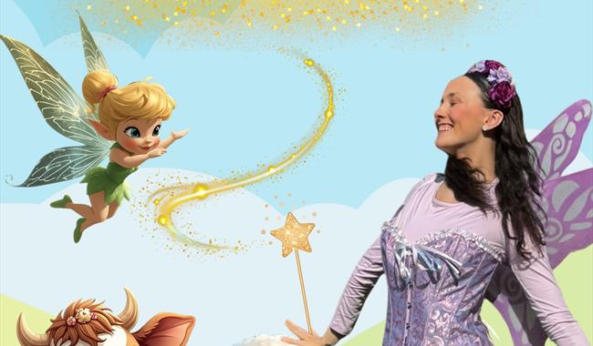 Lady dressed asa fairy in a purple dress, on a pale bl;ue background surrounded by cartoon fairies