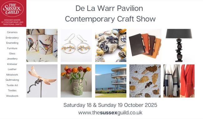 An image grid showing images of handmade crafts including ceramics, textiles, jewellery, glass birds, printmaking, wood accessories and metalwork.