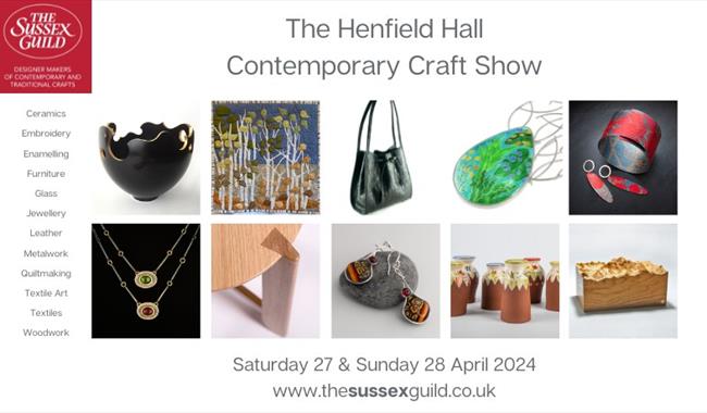 An image grid showing images of handmade crafts including jewellery, leather, glass, ceramics, furniture and a wood turned black bowl.
