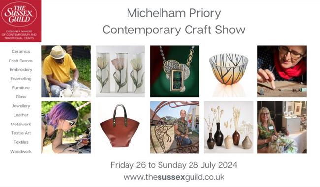 An image grid showing images of handmade crafts and craft demonstrations including ceramics, lamp-worked glass, embroidery, jewellery, leather, wood a