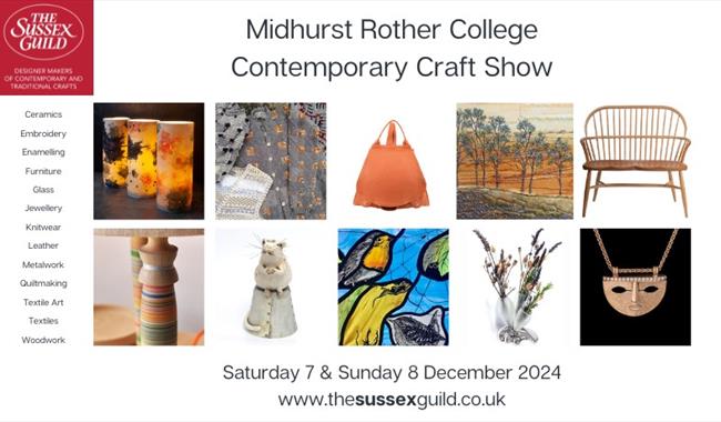 An image grid showing images of handmade crafts including ceramics, furniture, textiles, jewellery, stained glass panel, wood accessories and metalwor