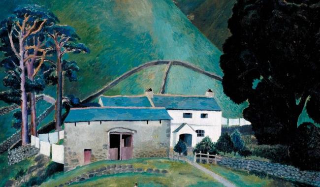 A farmhouse with white walls and green blue roof is nestled at the base of round hills. Woman and a girl in white hold hands, looking toward the house