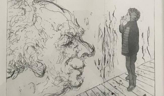 Artwork of a large sketched profile of a face and a small profile of a person smoking