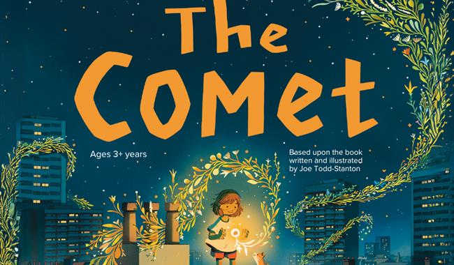 A girl holding a glowing comet, surrounded by glowing branches