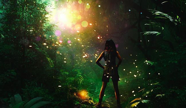 A dark green jungle scene, with light coming through the branches of a tree, creating a beautiful dappled effect, and lush ferns and plants. A girl st