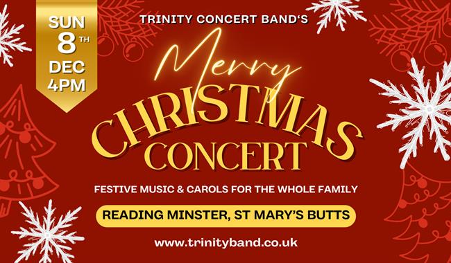 Red background with white Santa beard. Text says Trinity Concert Band's Merry Christmas Concert.