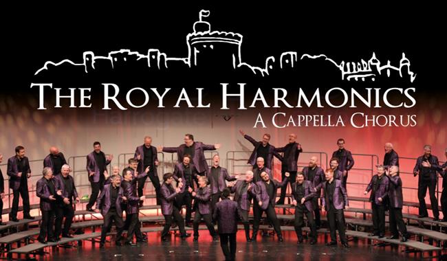 Image: Royal Harmonics choir on stage Text: The Royal Harmonics A Cappella Chorus