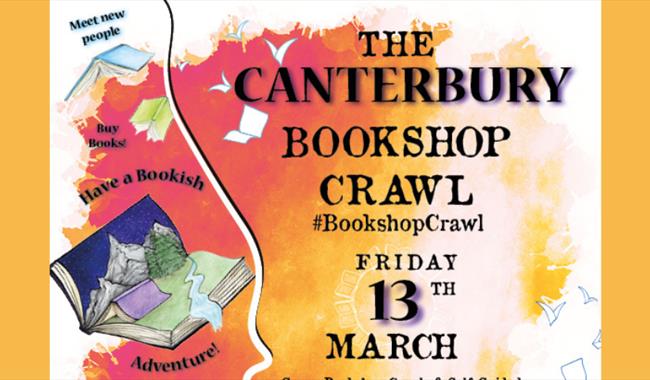 Orange background with sketched pictures of piles of books reading The Canterbury Bookshop Crawl, Friday 13th March