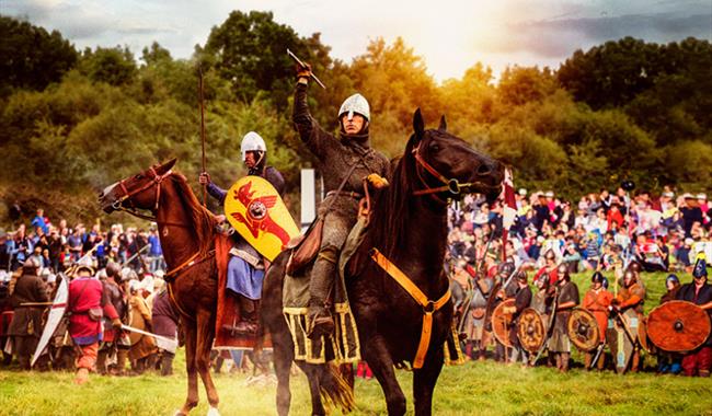 The Battle of Hastings Re-enactment Event at Battle Abbey (Horses and Norman and Saxon Soldiers and the crowds)