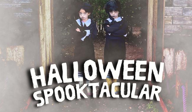 Two children dress as Wednesday Adams, who are stood in front of a maze. Text at the bottom of the image which reads 'Halloween Spooktacular'