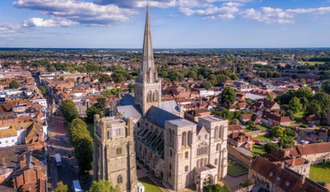 View of Chichester Cathedral from the air, West Sussex