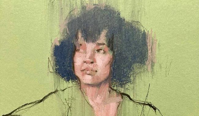 Pastel drawing of a woman on a green background