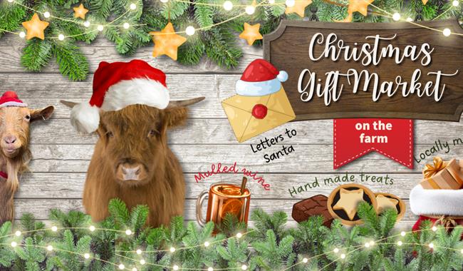 Wooden background with text, a goat and hughland cow wearing santa hats