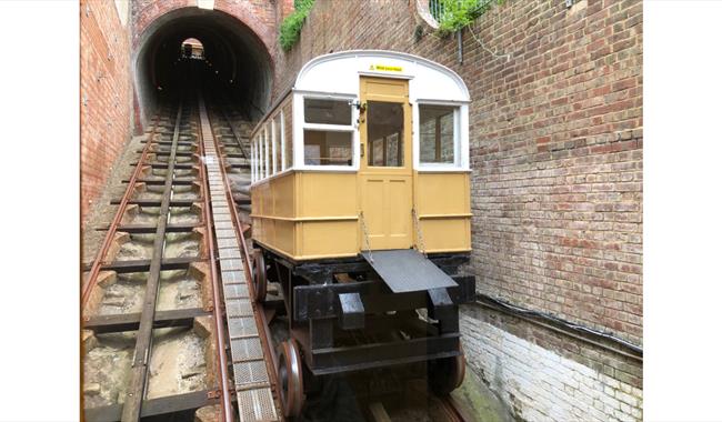 Picture of the Victorian coaches still used today on West Hill Cliff Railway, Hastings