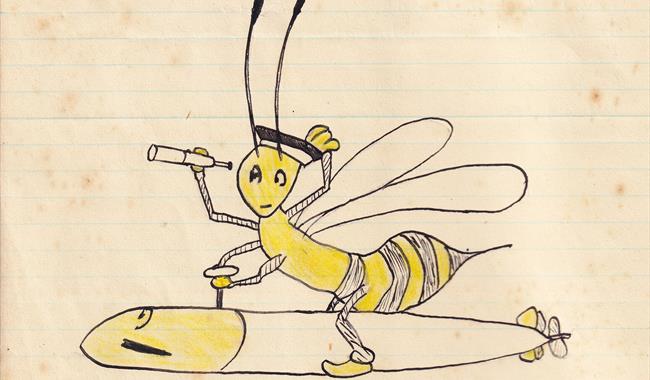 A hand-drawn cartoon of a hornet character wearing a sailor hat, holding a telescope in one hand, while riding on top of a large torpedo or missile. T