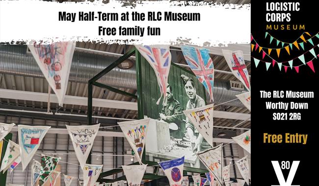 An advert for May half-term activities at the RLC Museum. It has a picture of some bunting and the museum logo.