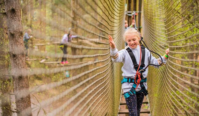 Girl having a go at the tree tops challenge at Go Ape in Swinley Forest, Bracknell