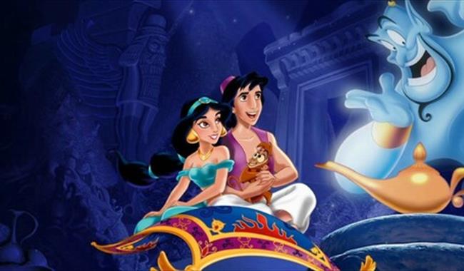 Aladdin movie poster. Jasmine and Aladdin on the moving carpet looking at the Genie.