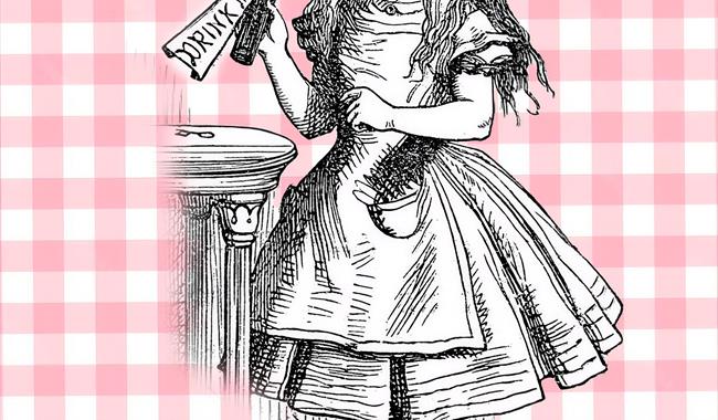 Illustration of Alice from Alice in Wonderland on a pink background